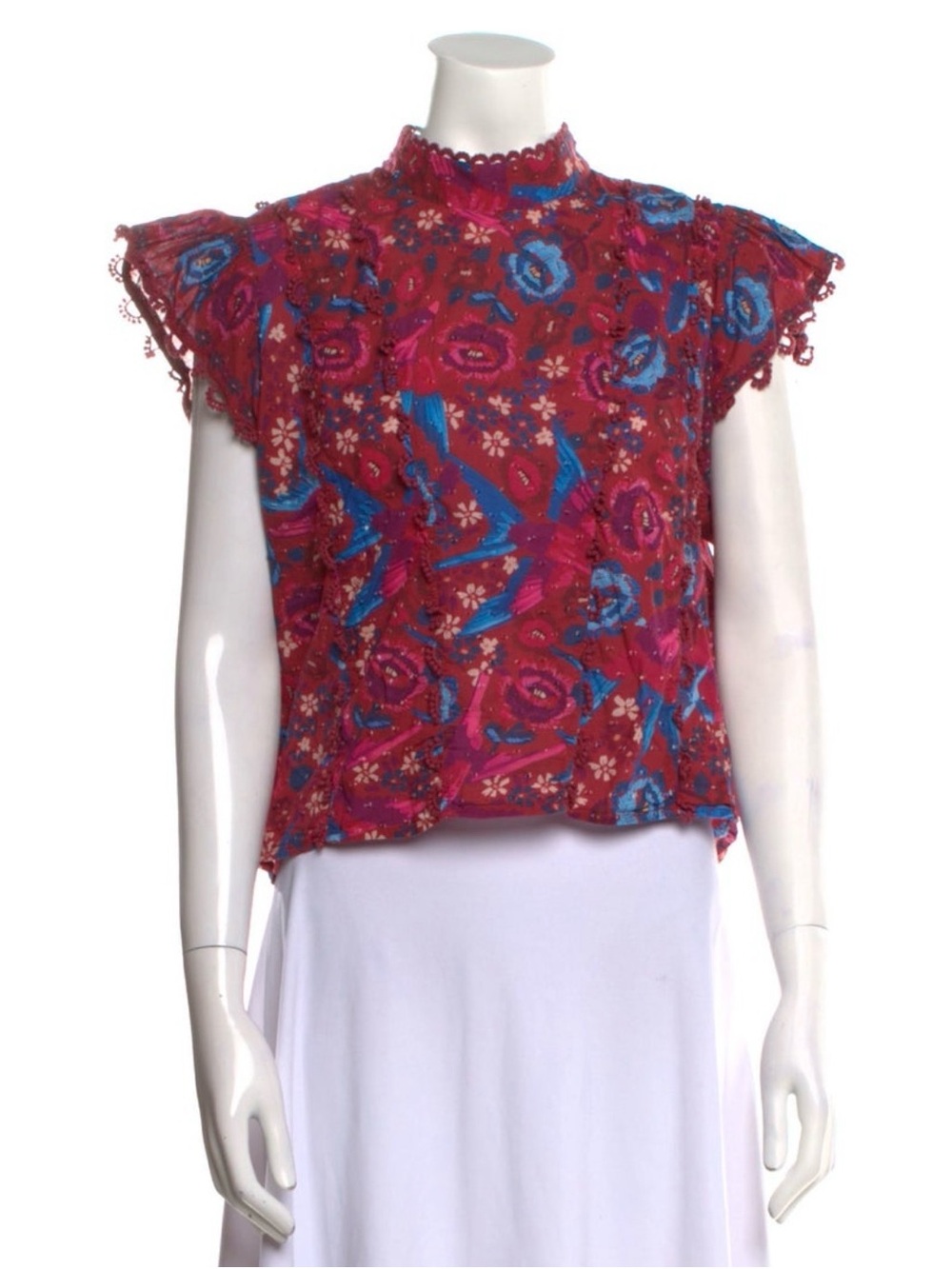 FARM Rio Magenta Floral Birds Mock-Neck Crop Top XS